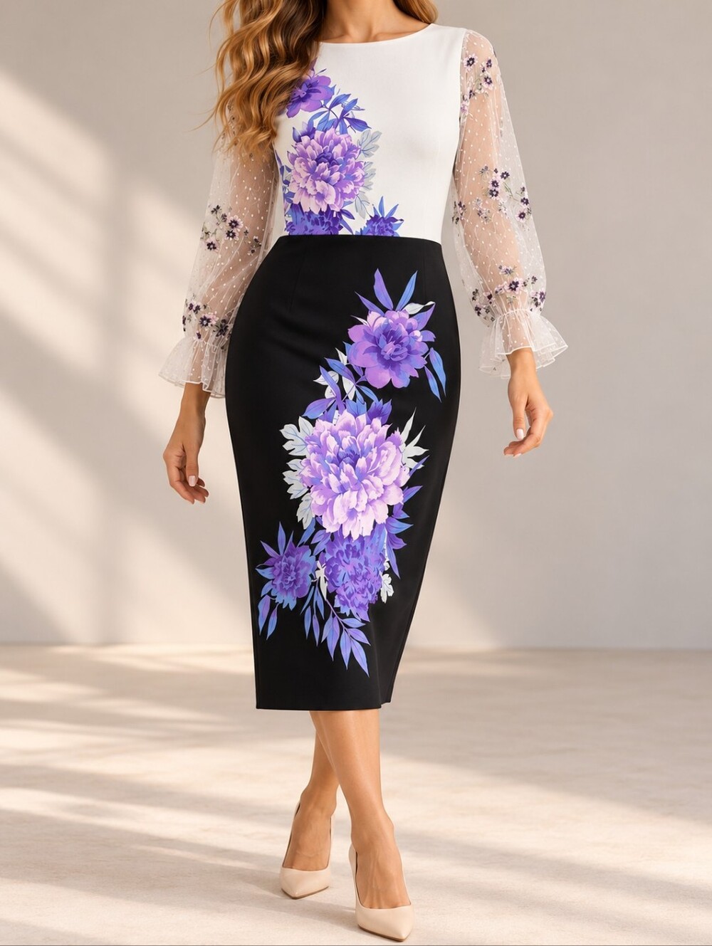 Gabby Skye Floral Colorblock Dress Embroidered Sheer Sleeves Keyhole NWT